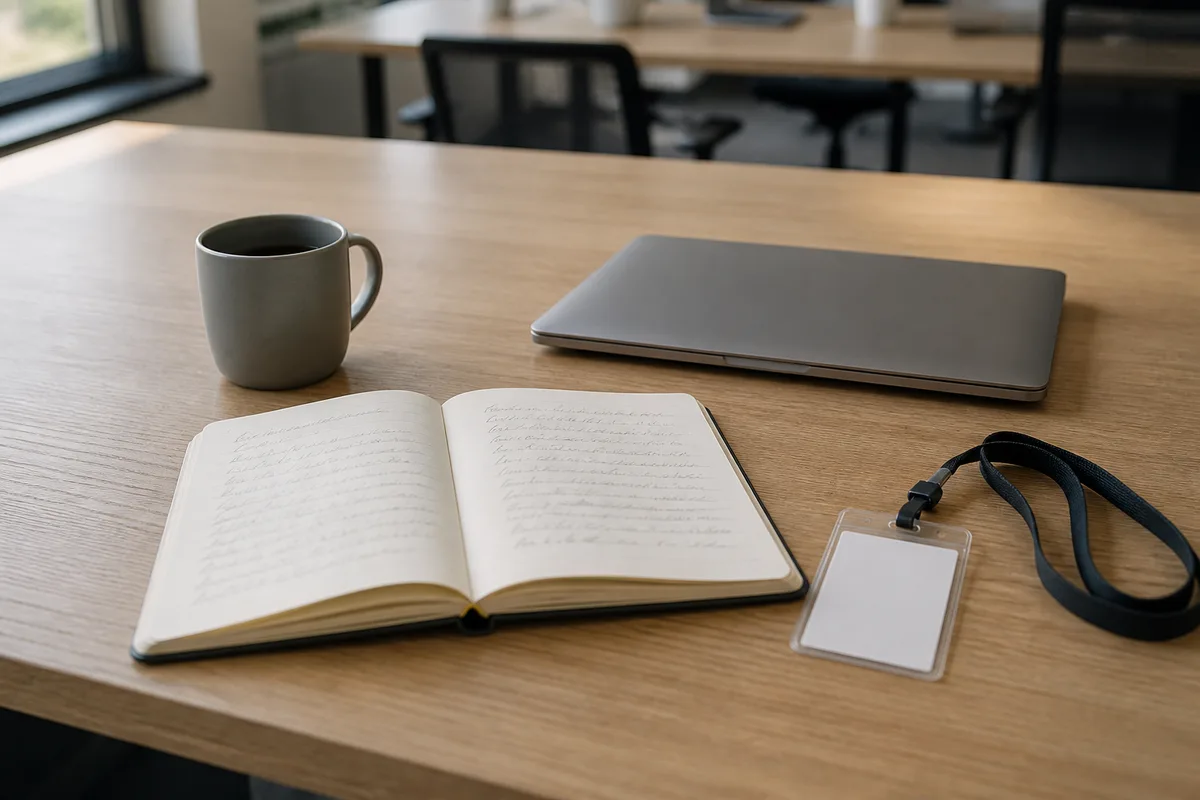 Bureau de stagiaire dans une entreprise etrangere avec badge visiteur et carnet de notes