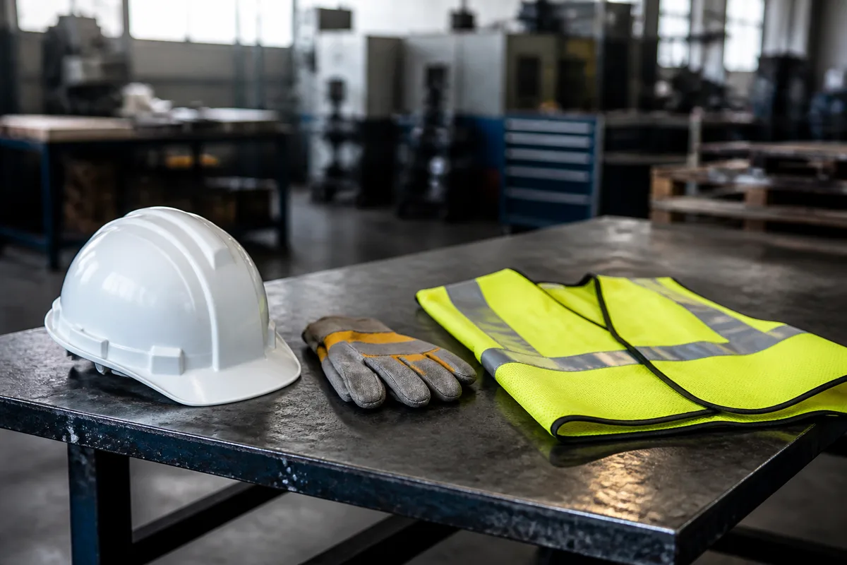 Casque de chantier et gilet de securite poses sur un etabli dans un atelier