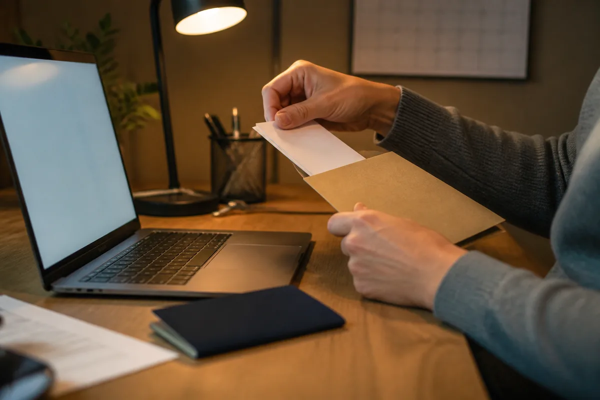 Etudiant preparant ses documents de depart avec passeport et ordinateur portable