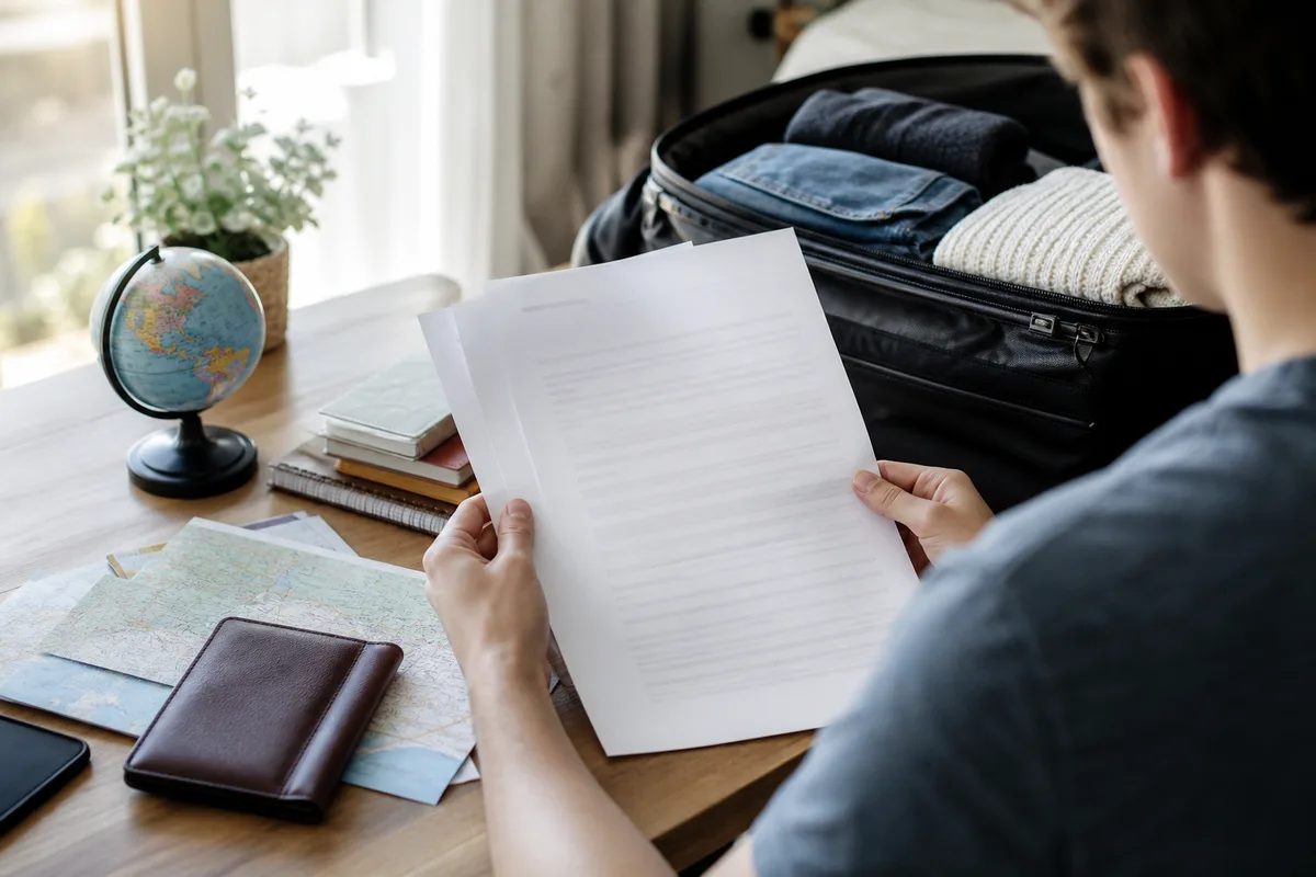 Étudiant lisant attentivement les conditions générales d&rsquo;un contrat d&rsquo;assistance voyage