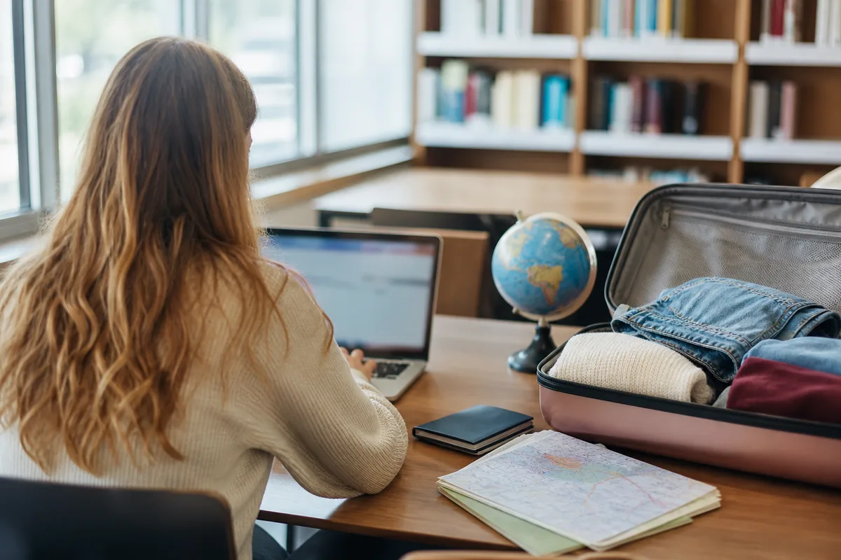Étudiante comparant des devis d&rsquo;assurance santé sur son ordinateur dans une bibliothèque