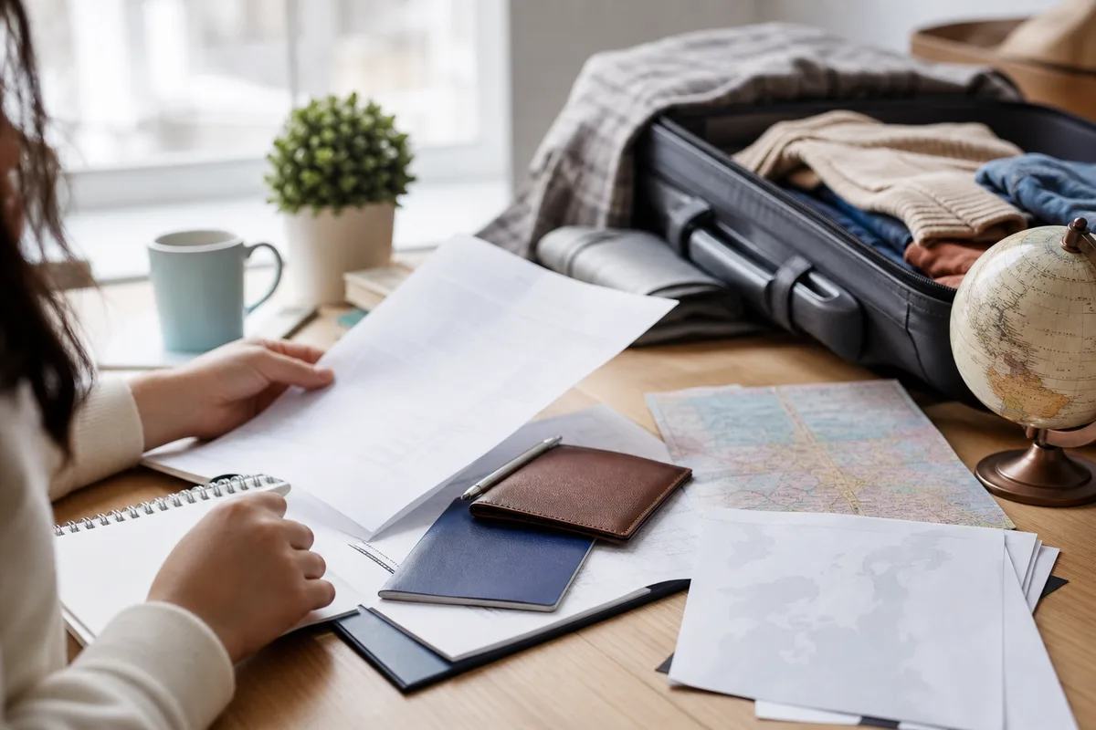 Étudiante préparant son dossier de visa avec passeport et documents d&rsquo;assurance