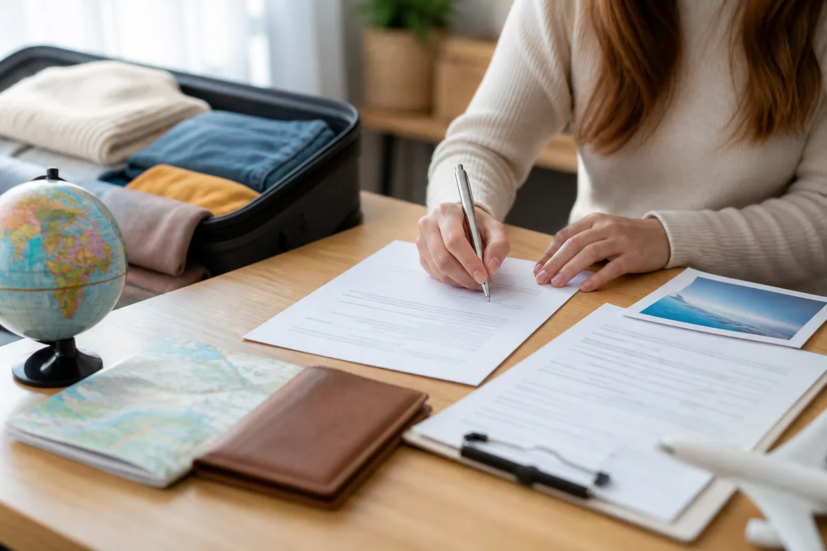 Étudiante signant un contrat de location avec des documents d’assurance sur la table
