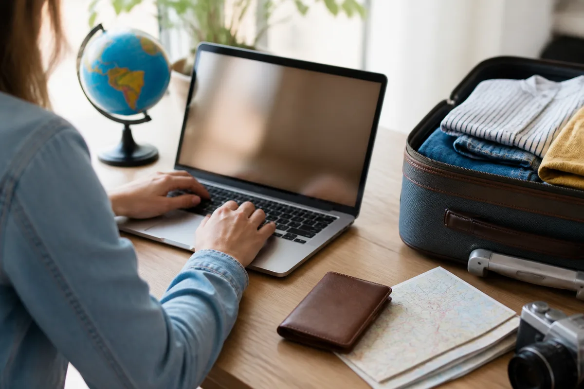 Étudiant préparant une demande de devis d&rsquo;assurance voyage sur son ordinateur